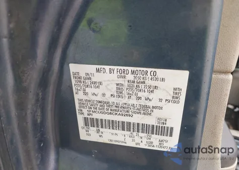 2012 Ford Escape Xlt from USA, damaged, VIN 1FMCU0DG8CKA92892